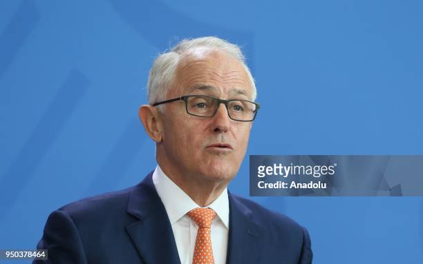Australian Prime Minister Malcolm Turnbull makes a speech during a joint press conference with German Chancellor Angela Merkel ahead of their meeting...