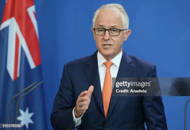 Australian Prime Minister Malcolm Turnbull makes a speech during a joint press conference with German Chancellor Angela Merkel ahead of their meeting...