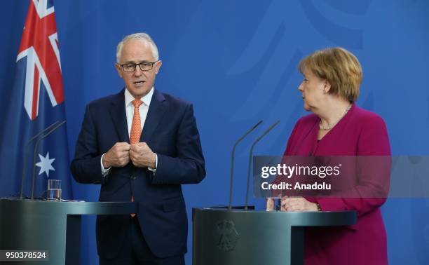 Australian Prime Minister Malcolm Turnbull makes a speech during a joint press conference with German Chancellor Angela Merkel ahead of their meeting...