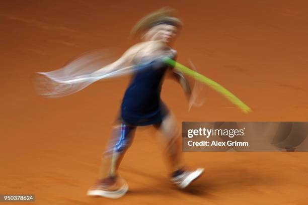 Laura Siegemund in action during a show event on day 1 of the Porsche Tennis Grand Prix at Porsche-Arena on April 23, 2018 in Stuttgart, Germany.