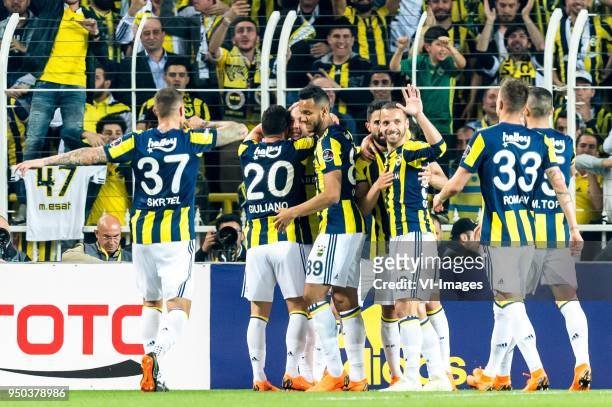 Fenerbahcve celebrate the goal of Aatif Chahechouhe of Fenerbahce SK during the Turkish Spor Toto Super Lig match Fenerbahce AS and Antalyaspor AS at...