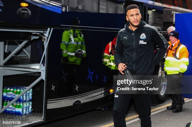 Jamaal Lascelles of Newcastle United arrives for the Premier League Match between Everton and Newcastle United at Goodison Park on April 23 in...
