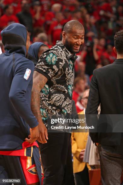 DeMarcus Cousins of the New Orleans Pelicans in Game Three of Round One against the Portland Trail Blazers during the 2018 NBA Playoffs on April 19,...