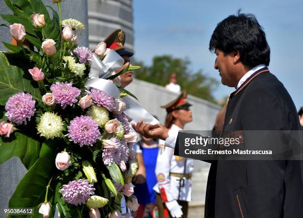 President of Bolivia Evo Morales takes part in the floral offering for the monument to Cuban National Hero José Martí at Plaza de la Revolución de La...