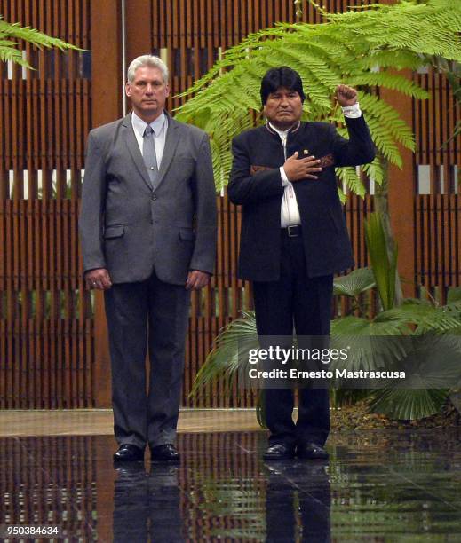 President of Cuba Miguel Díaz-Canel receives President of Bolivia Evo Morales at Palacio de la Revolucion as part of Morales' official visit to Cuba...