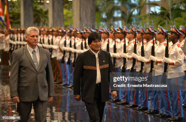 President of Cuba Miguel Díaz-Canel receives President of Bolivia Evo Morales at Palacio de la Revolucion as part of Morales' official visit to Cuba...