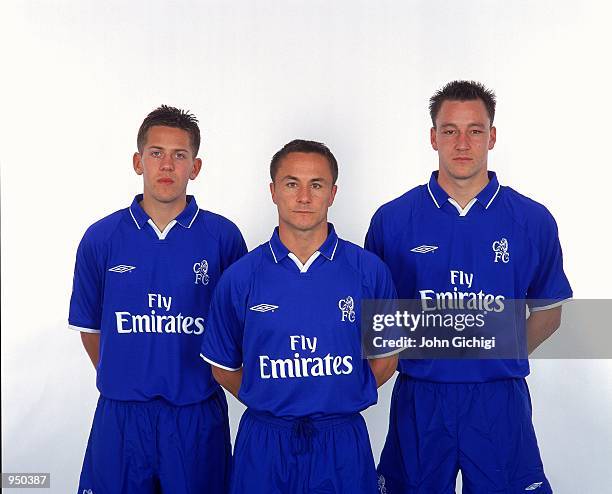 Chelsea players Jon Harley, Dennis Wise, and John Terry help launch the new Chelsea kit for next season during the Umbro Commission press conference...