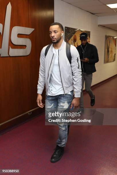 Norman Powell of the Toronto Raptors arrives before Game Four of Round One against the Washington Wizards during the 2018 NBA Playoffs on April 22,...