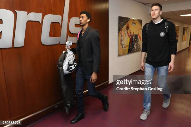 Malcolm Miller and Jakob Poeltl of the Toronto Raptors arrive before Game Four of Round One against the Washington Wizards during the 2018 NBA...