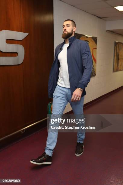 Jonas Valanciunas of the Toronto Raptors arrives before Game Four of Round One against the Washington Wizards during the 2018 NBA Playoffs on April...