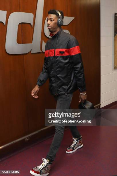 Delon Wright of the Toronto Raptors arrives before Game Four of Round One against the Washington Wizards during the 2018 NBA Playoffs on April 22,...