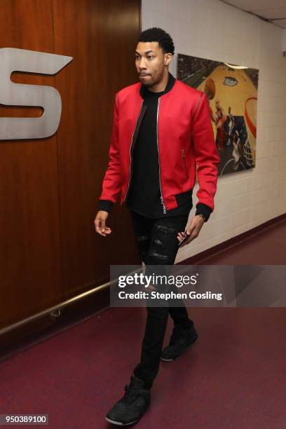 Otto Porter Jr. #22 of the Washington Wizards arrives before Game Four of Round One against the Toronto Raptors during the 2018 NBA Playoffs on April...