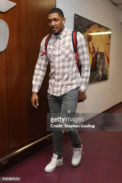Bradley Beal of the Washington Wizards arrives before Game Four of Round One against the Toronto Raptors during the 2018 NBA Playoffs on April 22,...