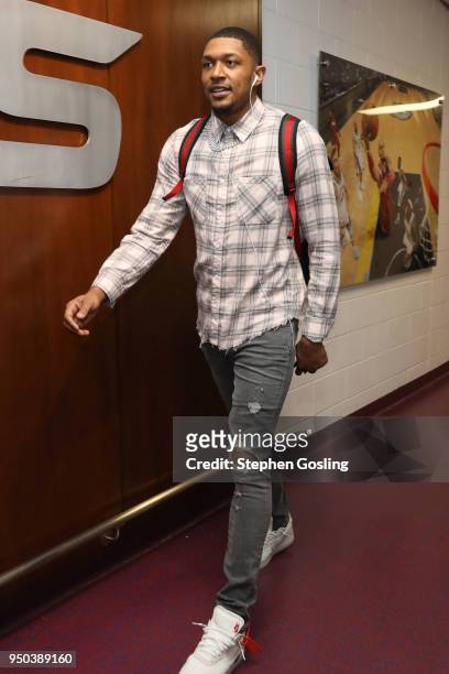 Bradley Beal of the Washington Wizards arrives before Game Four of Round One against the Toronto Raptors during the 2018 NBA Playoffs on April 22,...