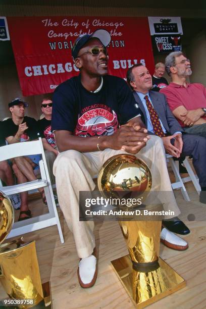 Michael Jordan of the Chicago Bulls looks on during the 1998 Chicago Bulls Celebration Rally on June 16, 1998 at Grant Park in Chicago, Illinois....