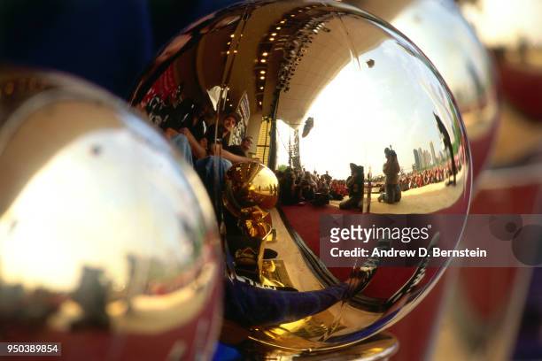 View of the Larry O'Brien NBA Championship Trophy during the 1998 Chicago Bulls Celebration Rally on June 16, 1998 at Grant Park in Chicago,...