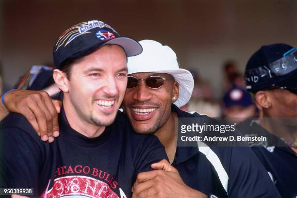 Toni Kukoc and Ron Harper of the Chicago Bulls during the 1998 Chicago Bulls Celebration Rally on June 16, 1998 at Grant Park in Chicago, Illinois....