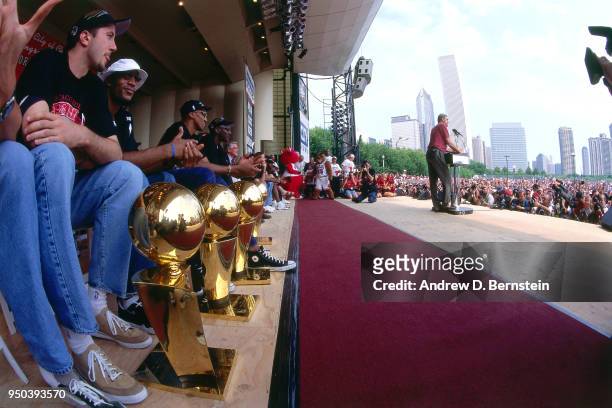 Head Coach Phil Jackson of the Chicago Bulls gives a speech during the 1998 Chicago Bulls Celebration Rally on June 16, 1998 at Grant Park in...