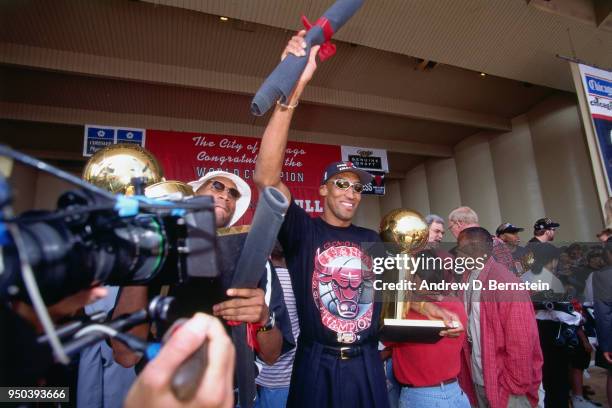 Scottie Pippen of the Chicago Bulls during the 1998 Chicago Bulls Celebration Rally on June 16, 1998 at Grant Park in Chicago, Illinois. NOTE TO...