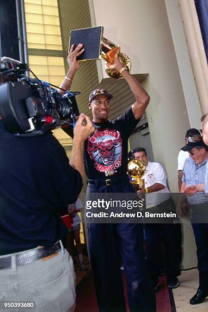 Scottie Pippen of the Chicago Bulls during the 1998 Chicago Bulls Celebration Rally on June 16, 1998 at Grant Park in Chicago, Illinois. NOTE TO...