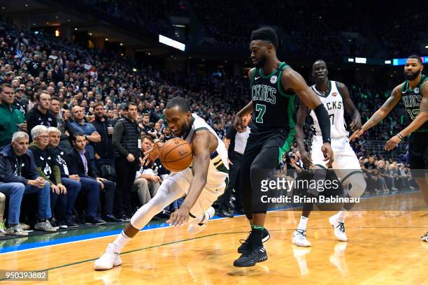 Milwaukee, WI Khris Middleton of the Milwaukee Bucks handles the ball against the Boston Celtics in Game Four of Round One of the 2018 NBA Playoffs...