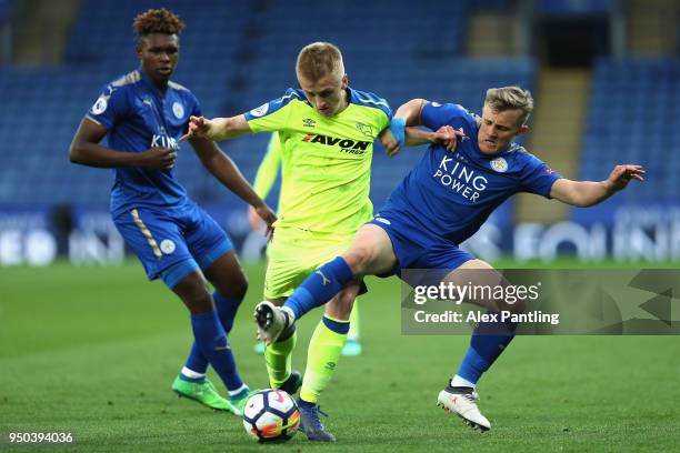 George Thomas of Leicester City holds off Louie Sibley of Derby County during the Premier league 2 match between Leicester City and Derby County at...