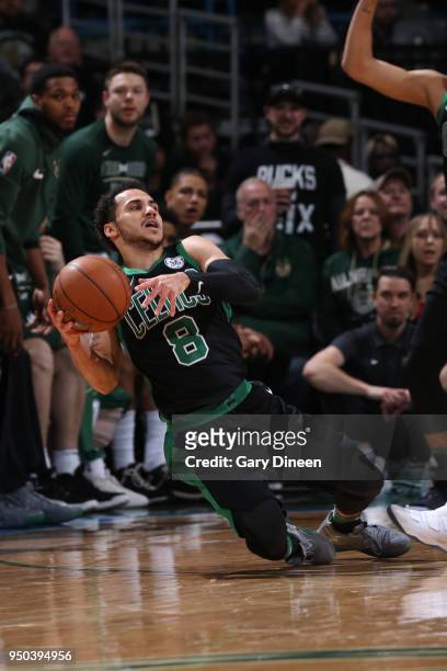Shane Larkin of the Boston Celtics passes the ball against the Milwaukee Bucks in Game Four of Round One of the 2018 NBA Playoffs on April 22, 2018...