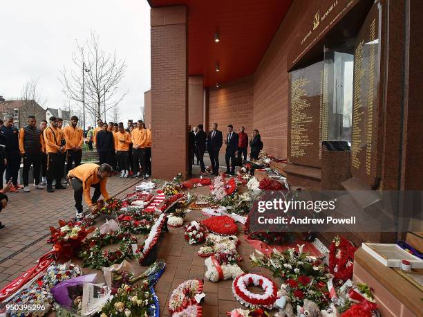 Daniele De Rossi of AS Roma laying a wreath to pay tribute to victims of the Hillsborough disaster at the Hillsborough Memorial at Anfield on April...