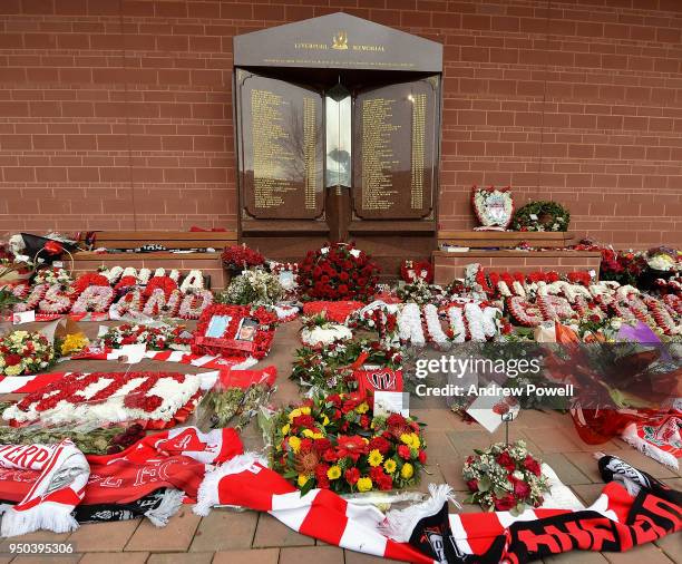 The wreath that AS Roma lay to pay tribute to victims of the Hillsborough disaster at the Hillsborough Memorial at Anfield on April 23, 2018 in...