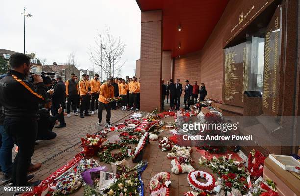 Daniele De Rossi of AS Roma laying a wreath to pay tribute to victims of the Hillsborough disaster at the Hillsborough Memorial at Anfield on April...