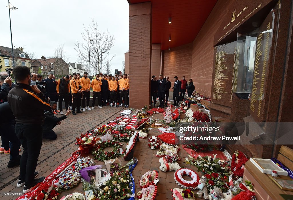 AS Roma Lay A Wreath At Hillsborough Memorial In Anfield