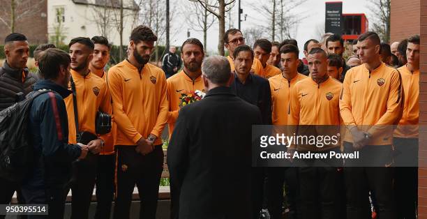 Daniele De Rossi, Edin Dzeko, Alisson Becker, Radja Nainggolan, Kostas Manolas, Patrik Schick and the rest of AS Roma pay tribute to victims of the...