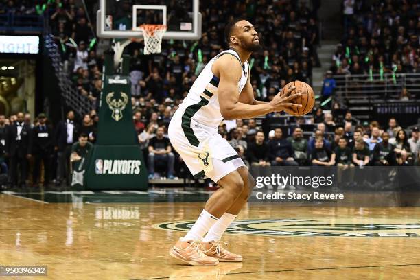 Jabari Parker of the Milwaukee Bucks takes a shot against the Boston Celtics during game three of round one of the Eastern Conference playoffs at the...