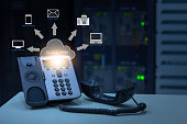 IP Telephony cloud pbx concept, telephone device with illustration icon of voip services
