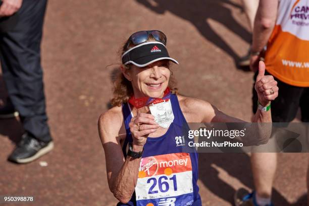 Katherine Switzer at the finish line during the Virgin Money London Marathon in London, England on April 22, 2018.