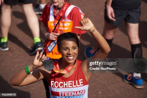 Rochelle Humes at the finish line during the Virgin Money London Marathon in London, England on April 22, 2018.