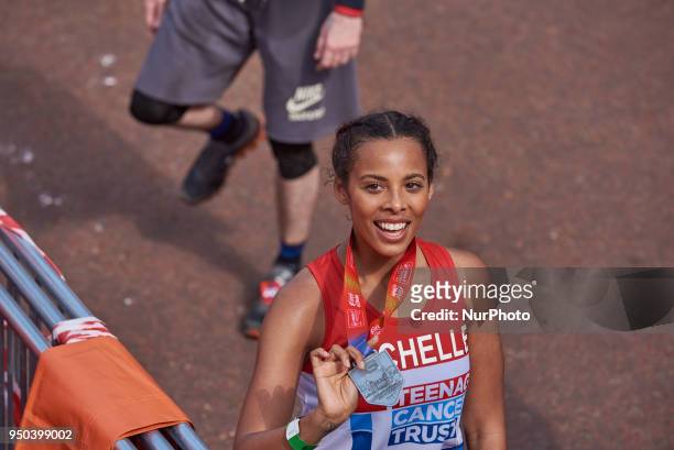 Rochelle Humes at the finish line during the Virgin Money London Marathon in London, England on April 22, 2018.