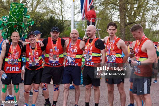 Brigid KOSGEI, Vivian CHERUIYOT from Kenia and Tadelech BEKELE from Ethiopia at the finish line during the Virgin Money London Marathon in London,...