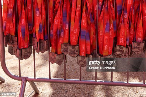 The 2018 Virgin Money London Marathon medials hanging on a rail, ready to give to the altheles who have completed the London Marathon on 22, April...