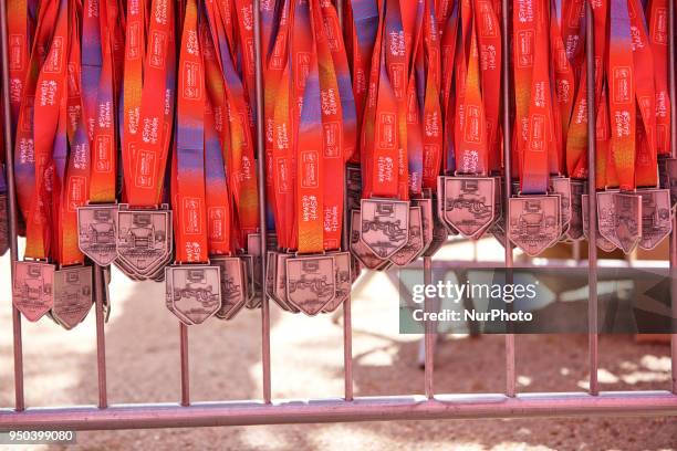 The 2018 Virgin Money London Marathon medials hanging on a rail, ready to give to the altheles who have completed the London Marathon on 22, April...