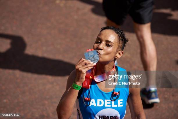 Adele Roberts at the finish line during the Virgin Money London Marathon in London, England on April 22, 2018.