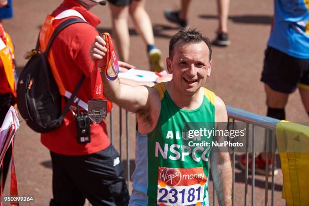 Alun Cairns at the finish line during the Virgin Money London Marathon in London, England on April 22, 2018.