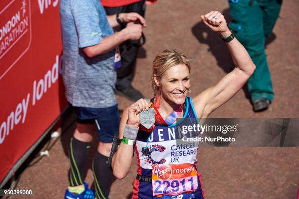 Jenni Falconer at the finish line during the Virgin Money London Marathon in London, England on April 22, 2018.