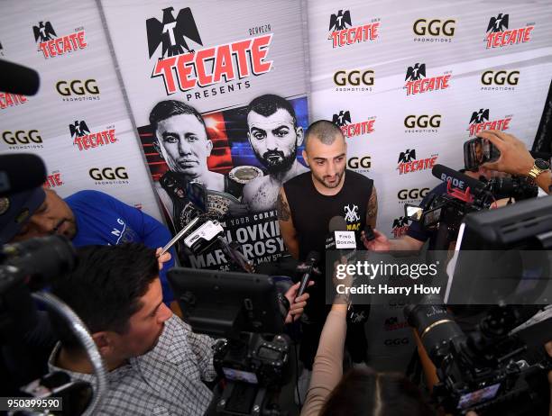 Vanes Martirosyan speaks to media in promotion of his middleweight fight against Gennady Golovkin during a media workout at the Glendale Fighting...