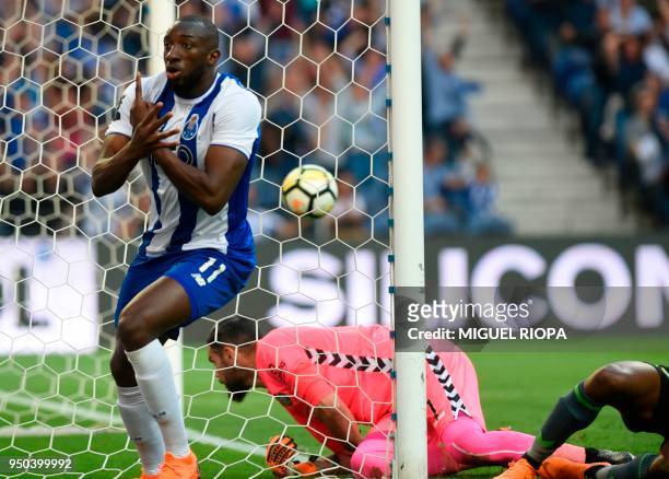 Porto's Malian forward Moussa Marega celebrates after scoring a goal during the Portuguese league football match between FC Porto and Vitoria Setubal...