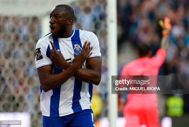 Porto's Malian forward Moussa Marega celebrates after scoring a goal during the Portuguese league football match between FC Porto and Vitoria Setubal...