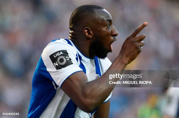 Porto's Malian forward Moussa Marega celebrates after scoring a goal during the Portuguese league football match between FC Porto and Vitoria Setubal...