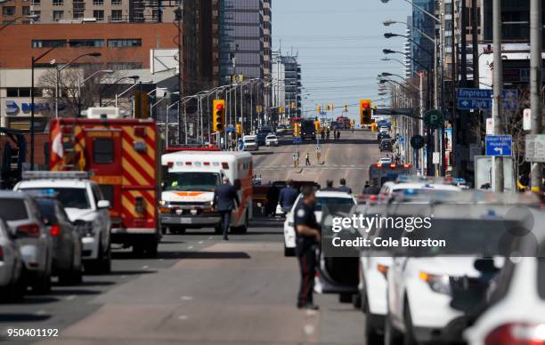 Law enforcement and first responders on scene at Yonge St. At Finch Ave. After a van plows into pedestrians April 23, 2018 in Toronto, Ontario,...