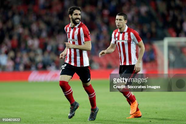 Raul Garcia of Athletic Bilbao celebrates 1-0 with Ander Iturraspe of Athletic Bilbao during the La Liga Santander match between Athletic de Bilbao v...