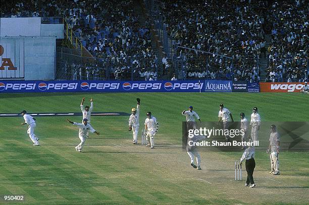 Harbhajan Singh traps Glenn McGrath of Australia for an lbw decision to win the Second Test match for India played at the Eden Gardens in Calcutta,...